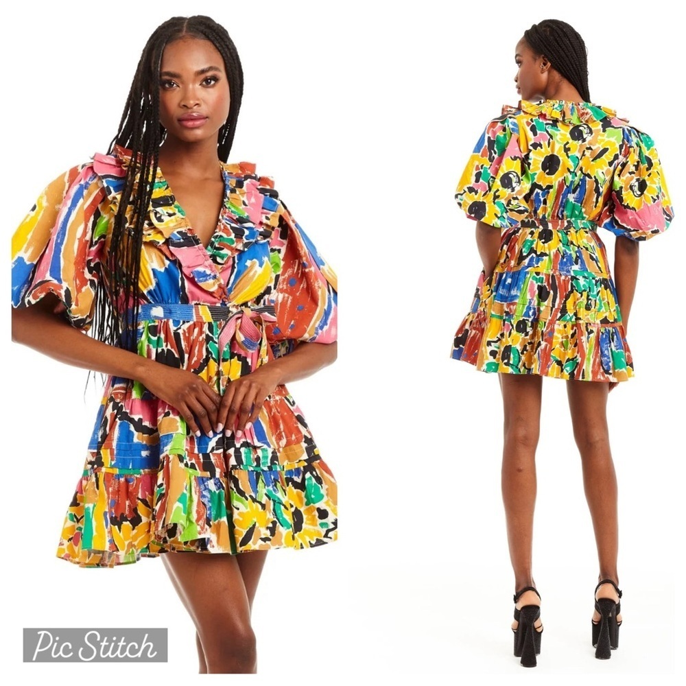 Love the Label Anthropologie Remy Cotton Artsy Sunflower Ruffle Wrap Dress